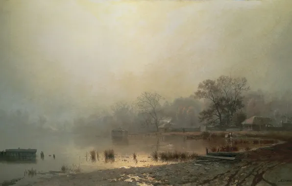 Village, Fog, red pond