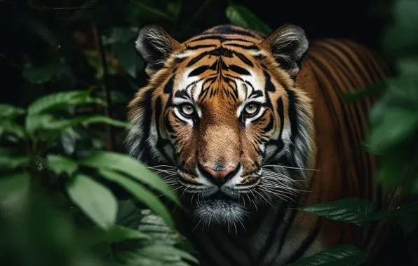 Forest, look, face, nature, tiger, pose, jungle, AI art