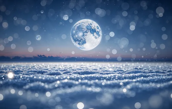 Winter, field, the sky, snow, night, lights, the moon, Shine