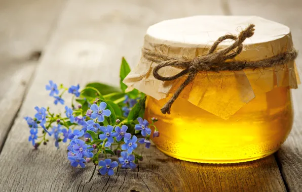 Glass, flowers, paper, Board, honey, bow, a bunch, forget-me-nots