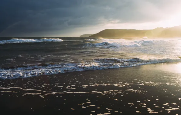 Sunset, the ocean, shore, wave, surf