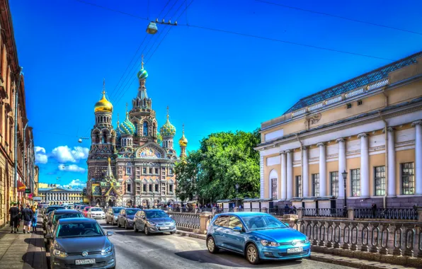 Picture road, HDR, Saint Petersburg, Russia, car, St. Petersburg, Church of the Savior on Blood
