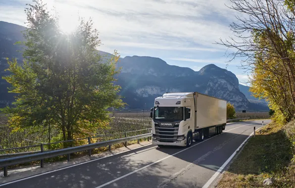Road, the sun, trees, mountains, white, cabin, the trailer, tractor