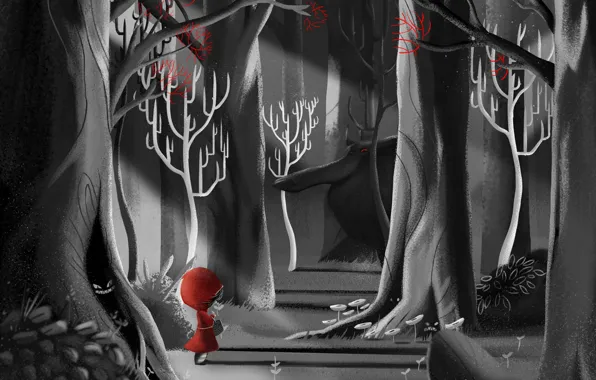 Picture forest, wolf, tale, little red riding hood