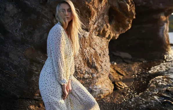 Picture sea, girl, light, pose, rocks, hair, dress, blonde
