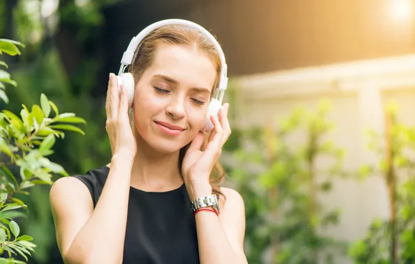 Smile, relax, headphones, beautiful girl, smile, listening to music, headphones, blurred background