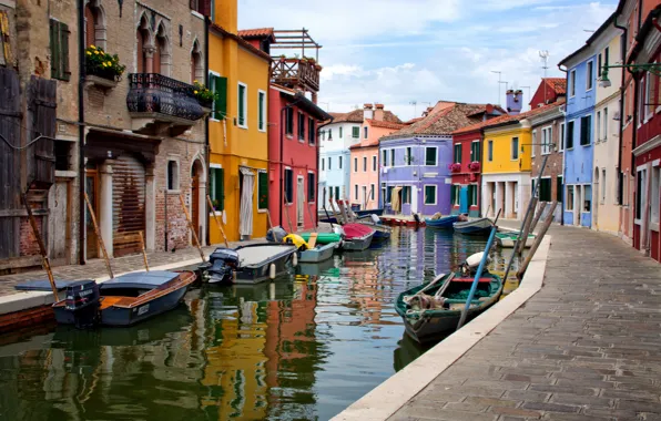 The sky, home, boats, Italy, Venice, channel, Burano island