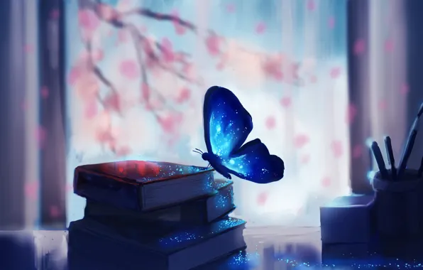 Tree, branch, butterfly, books, Sakura, art, chibionpu