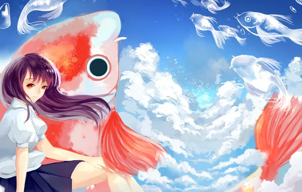 The sky, girl, fish, art, mimi tsukue
