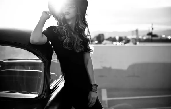 Picture girl, hat, dress, glasses, car