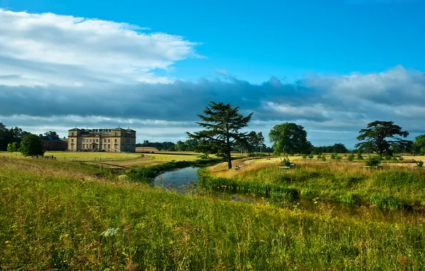 Picture field, the sky, clouds, trees, river, home, meadow