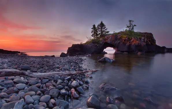 Picture sea, the sky, clouds, trees, stones, rocks, the evening, arch