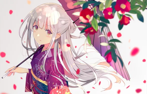 Flowers, Umbrella, Girl, Petals, Umbrella, Camellia