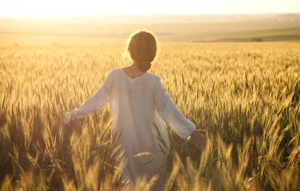 Wheat, field, women, the sky, freedom, girl, happiness, yellow