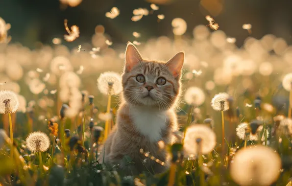 Cat, summer, look, light, flowers, pose, kitty, glade