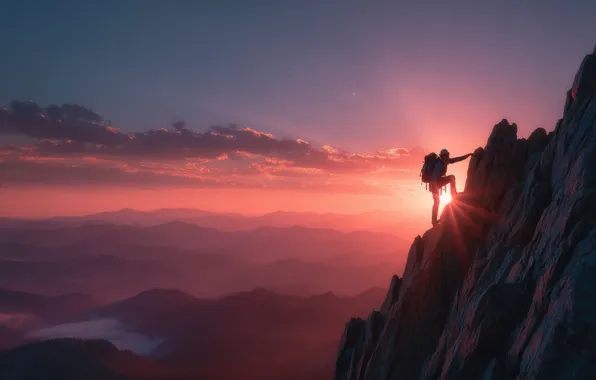 The sky, the sun, clouds, rays, sunset, mountains, fog, rock