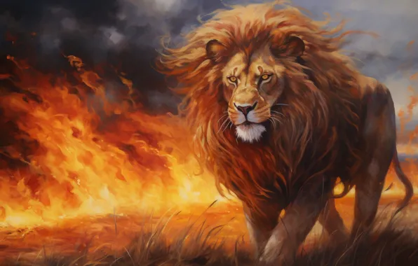 Grass, Fire, Leo, Predator, Digital art, Big cat, AI art, The Art of Artificial Intelligence