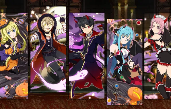 Collage, anime, art, characters, costumes, Halloween, Sword art online, Sword Art Online