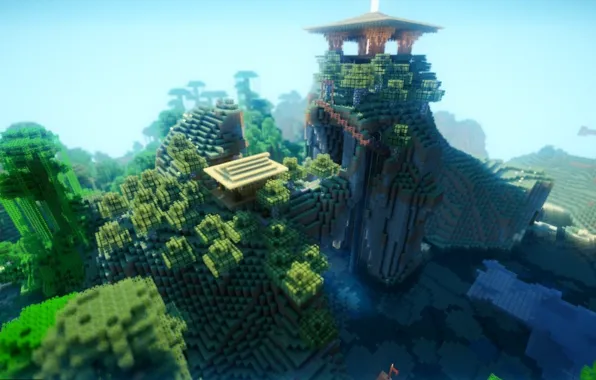 Forest, the sky, water, trees, mountains, blocks, Minecraft, the temple on the top