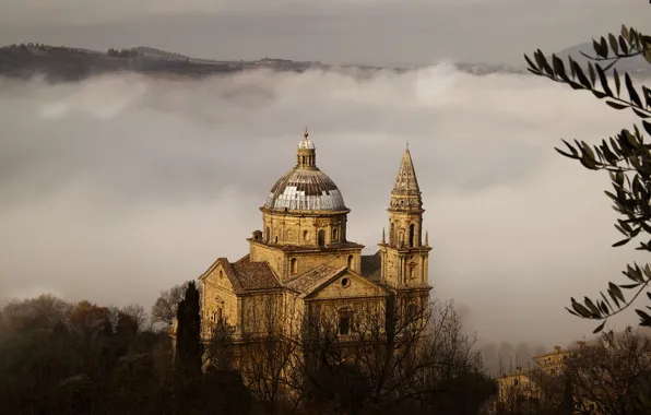 Trees, nature, fog, Italy, Church, temple, Italy, Tuscany