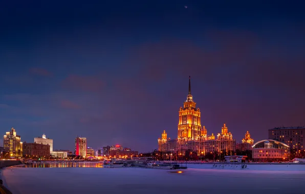 Winter, snow, night, lights, river, building, home, lights