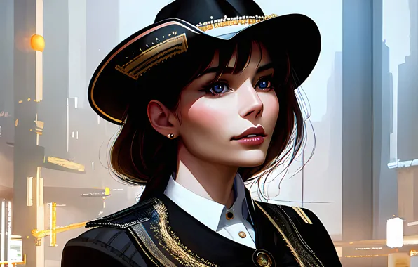 Picture hat, brunette, blue eyes, uniform, AI art, AI art, stable diffusion, Stability AI