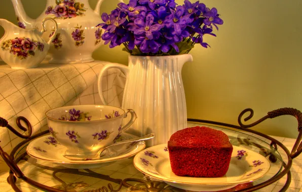Flowers, table, background, pitcher, tablecloth, tray, cupcake, tea set