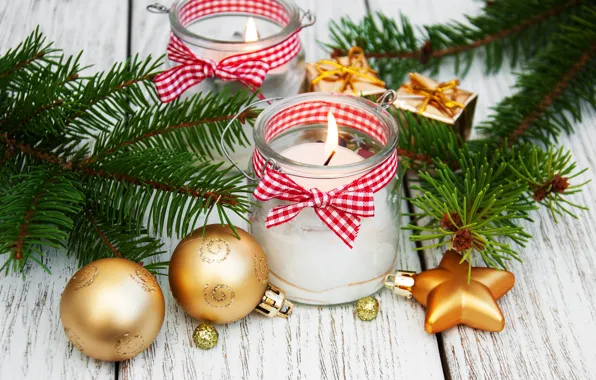Decoration, balls, candles, New Year, Christmas, christmas, balls, wood