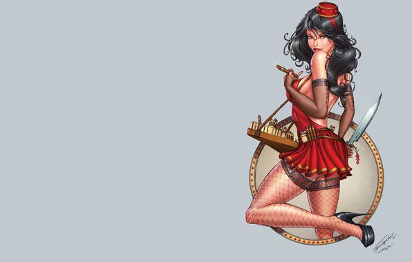 Erotic, look, girl, weapons, background, mesh, stockings, makeup