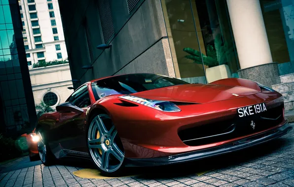Picture red, reflection, building, red, lane, ferrari, Ferrari, front view
