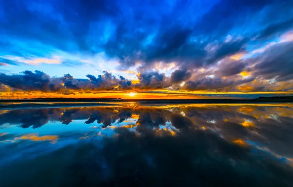 The sky, the sun, clouds, sunset, clouds, lake, reflection, glow