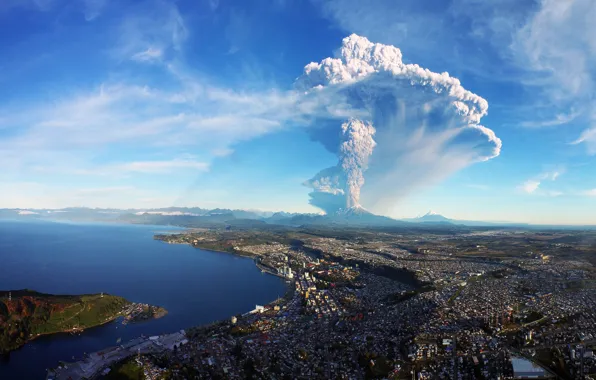 Picture the city, the volcano, the eruption, panorama, Chile, Calbuco Volcano, Puerto Montt