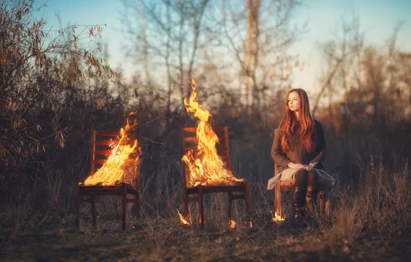 Picture girl, fire, chairs