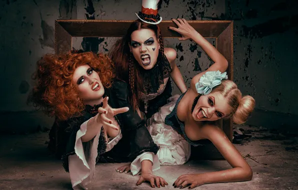 Picture girls, anger, makeup, teeth, art, costumes, adventure, cries