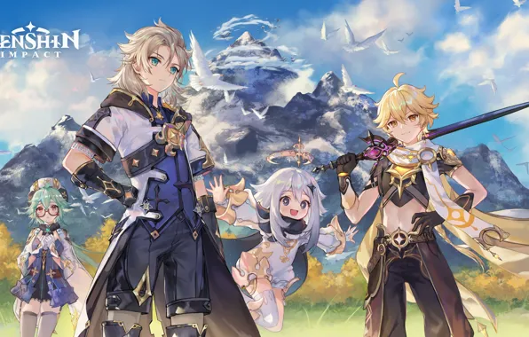 Mountains, birds, weapons, the game, game, anime, characters, mountains