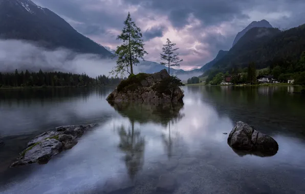 Trees, mountains, clouds, fog, lake, stones, home, morning