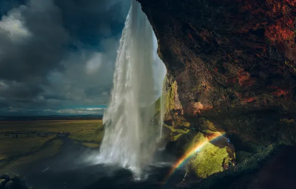 Landscape, clouds, nature, rocks, waterfall, rainbow, Iceland, Seljalandsfoss