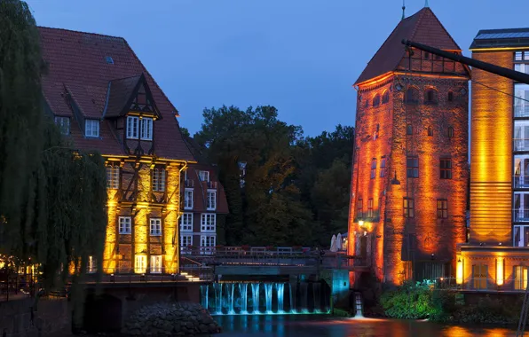 Picture lights, tower, Germany, Lower Saxony, Luneburg