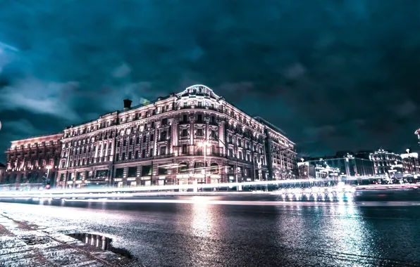 The sky, Road, Lights, The city, House, Moscow, The building, Russia