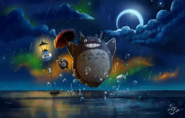 Night, rain, umbrella, road sign, Totoro, My Neighbor Totoro, Crescent