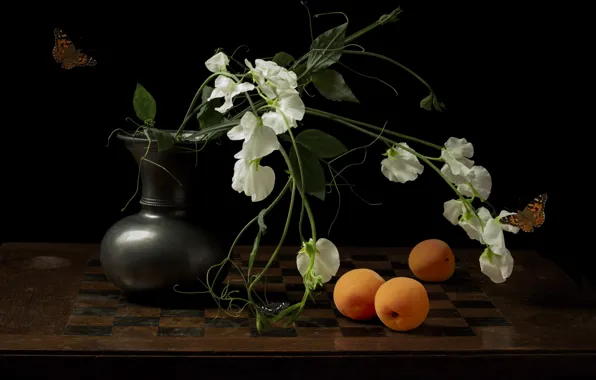 Flowers, vase, fruit, black background, still life, peaches