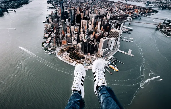 The city, feet, New York, panorama, Manhattan, sneakers, Manhattan, New York City
