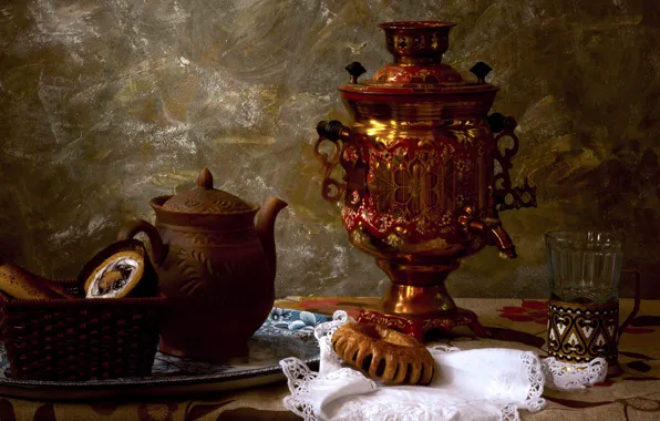Picture glass, table, background, tea, kettle, basket, samovar, cakes