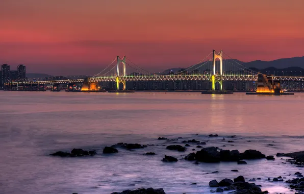 Mountains, night, bridge, the city, lights, stones, home, support