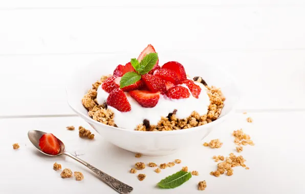 Berries, Breakfast, strawberry, ripe, yogurt, granola
