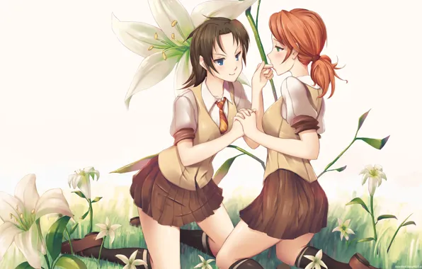 Flowers, smile, girls, Schoolgirls, oerba yun fang, oerba is vanille, final fantasy, art