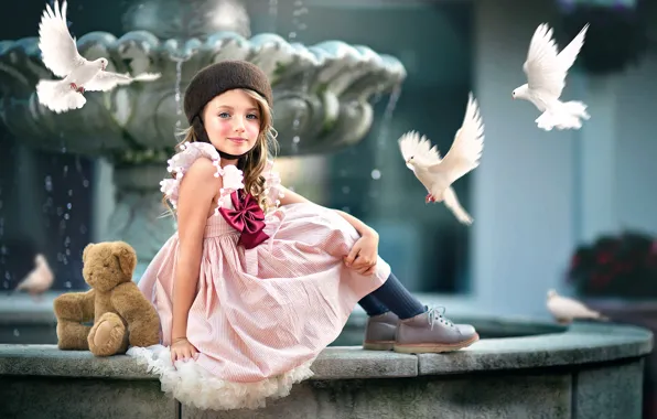 Bear, pigeons, girl, Ashlyn Mae, Courtyard Beauty