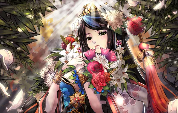 Leaves, girl, decoration, flowers, bouquet, petals