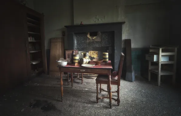 Table, room, chair, fireplace