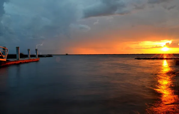 Sea, landscape, sunset, lightning